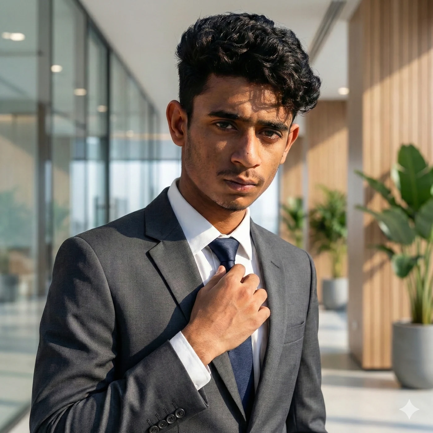 Taha Khan wearing a charcoal suit and navy tie
